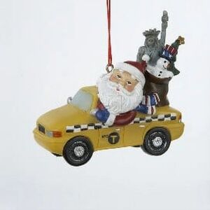 Santa Driving Taxi With Statue of Liberty Hanging Ornament